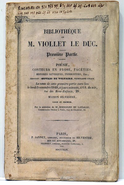 Bibliothèque de M. Viollet le Duc. Première Partie. Poésie, Conteurs …