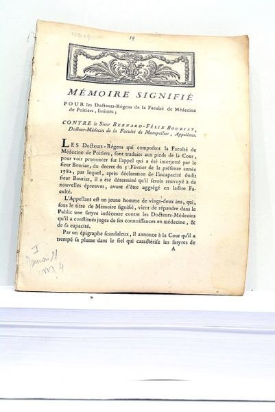 MEMOIRE SIGNIFIE pour les Docteurs-Régens de la Faculté de Médecine …
