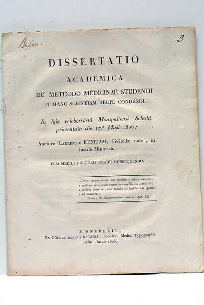 De Methodo Medicinae Studenti et hanc Scientiam recté condendi.