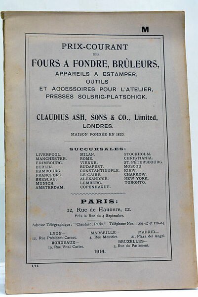 Prix courant des fours à fondre, brûleurs, appareils à estamper, …