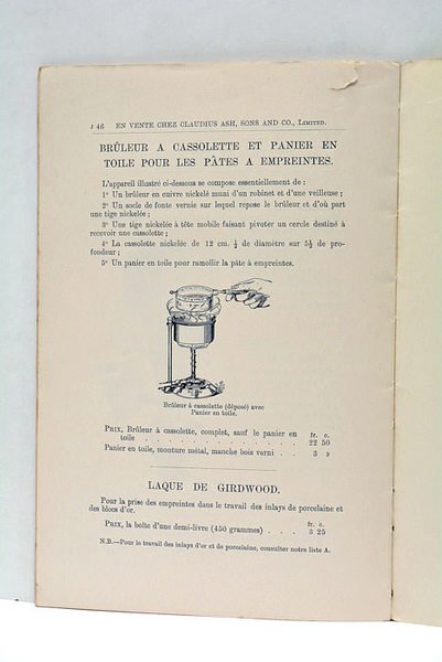 Prix-Courant des Porte-Empreintes et des Matières pour Empreintes.