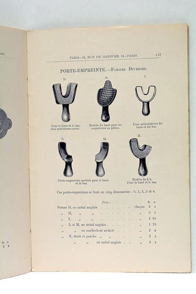 Prix-Courant des Porte-Empreintes et des Matières pour Empreintes.