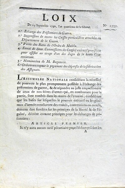 LOIX du 19 septembre 1792, l'an quatrième de la Liberté. …