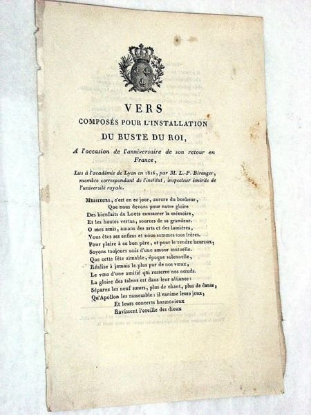 Vers composés pour l'installation du buste du roi, à l'occasion …