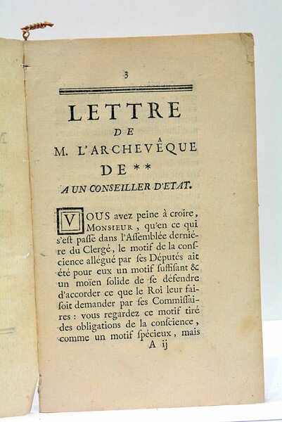 LETTRE DE L'ARCHEVEQUE DE ** À UN CONSEILLER D'ÉTAT. S.l., …