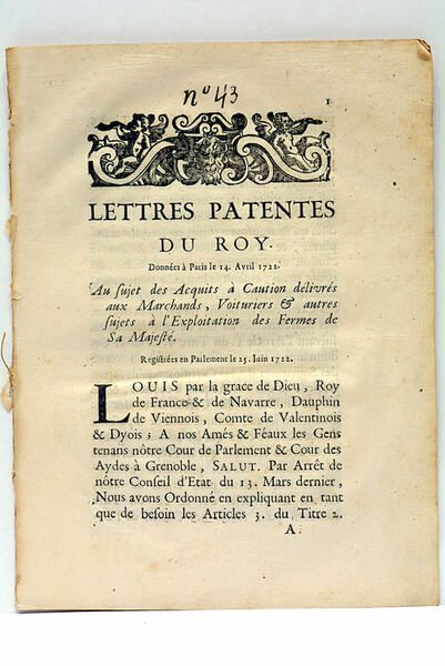 LETTRES PATENTES DU ROY. DONNÉES À PARIS LE 14. AVRIL …