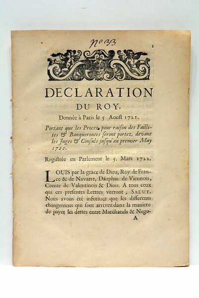 DECLARATION DU ROY. Donnée à Paris le 5 Aoust 1721. …