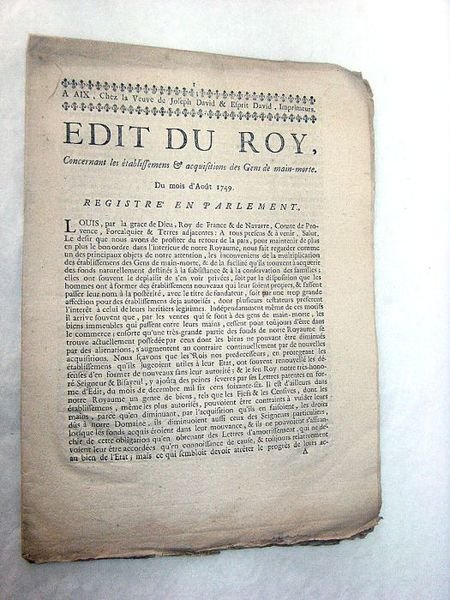 EDIT du Roy, Concernant les établissmens et acquisitions des Gens …