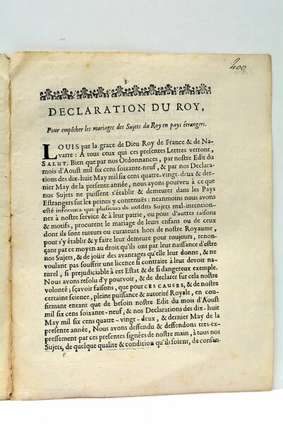 DECLARATION DU ROY POUR EMPESCHER LES MARIAGES DES SUJETS DU …