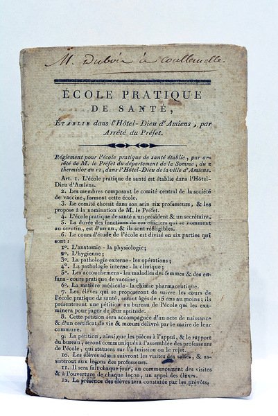 ÉCOLE PRATIQUE DE SANTÉ, ÉTABLIE DANS L'HÔTEL-DIEU D'AMIENS, PAR ARRÊTÉ …