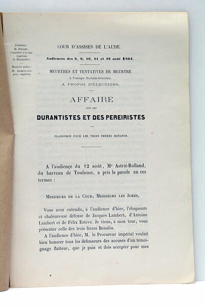 Cour d'Assises de l'Aude (Aout 1864). Affaire de Toulouges dite …