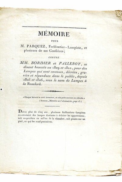 MEMOIRE pour M. Parquez, Ferblantier-Lampiste, et plusieurs de ses Confrères; …