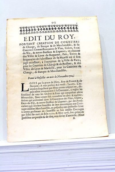 EDIT du Roy, portant creation de Courtiers de Change, de …