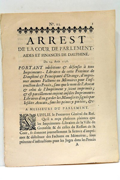 ARREST de la Cour de Parlement, Aydes et Finances de …