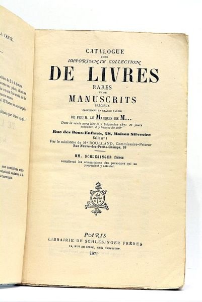 CATALOGUE d’une importante collection de livres rares et de manuscrits …