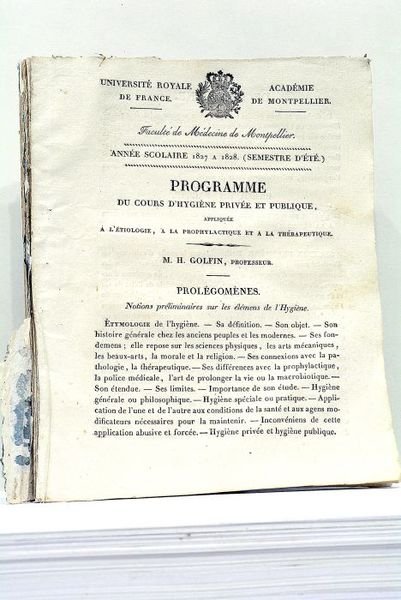 Programme du Cours d'Hygiène privée et Publique, appliquée à l'étiologie, …