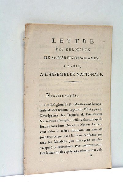 LETTRE des Religieux de Saint-Martin-des-Champs à Paris, à l'Assemblée Nationale.