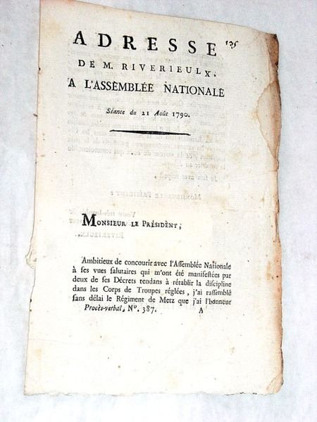 Adresse à l'Assemblée Nationale séance du 21 août 1790.