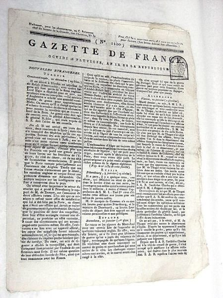 GAZETTE de France. Octidi 18 pluviose, an IX de la …