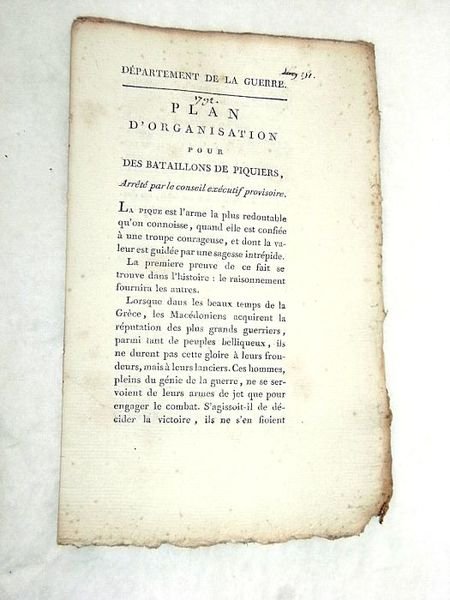 Plan d'organisation pour des bataillons de piquiers, arrêté par le …