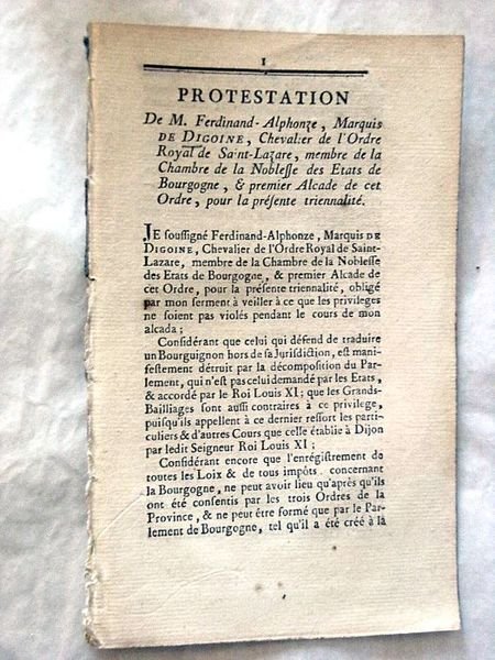 Protestation de M. Ferdinand Alphonse, marquis de Digoine, chevalier de …