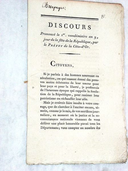 DISCOURS prononcé le 1er vendémiaire an 9, jour de la …