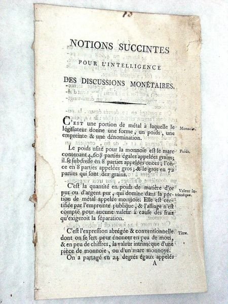 NOTIONS SUCCINTES pour l'intelligence des discussions monétaires.