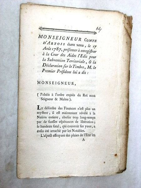 Monseigneur Comte d'Artois étant venu, le 17 août 1787, présenter …