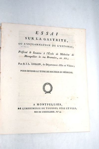 Essai sur la gastrite, ou l'inflammation de l'estomac.