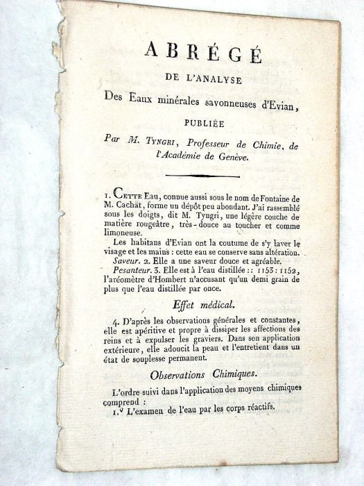 Abrégé de l'analyse des Eaux Minérales savonneuses d'Evian.