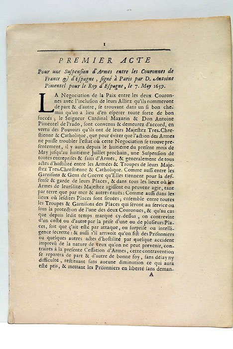 ACTE (PREMIER). POUR UNE SUSPENSION D'ARMES ENTRE LES COURONNES DE …