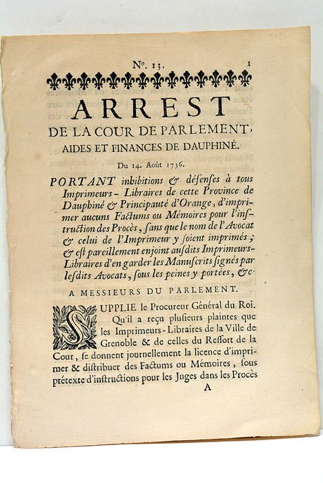 ARREST de la Cour de Parlement, Aydes et Finances de …