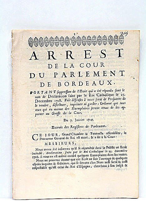 ARREST DE LA COUR DE PARLEMENT DE BORDEAUX, PORTANT SUPPRESSION …