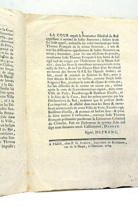 ARREST de la Cour du Parlement, qui Condamne Thomas François, …