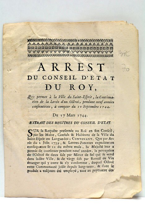 ARREST DU CONSEIL D'ETAT DU ROY, QUI PERMET À LA …