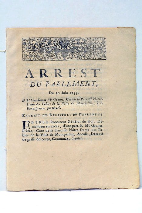 ARREST DU PARLEMENT qui condamne Me. Granet, Curé de la …