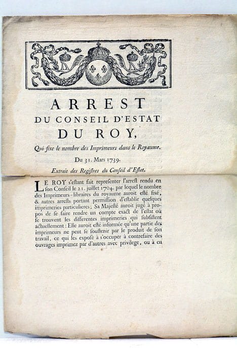 ARREST qui fixe le nombre des Imprimeurs dans le Royaume.