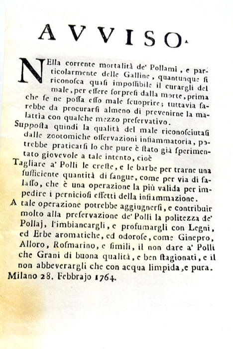 AVVISO Nella corrente Mortalità de' Pollami, e particularmente delle Galline.