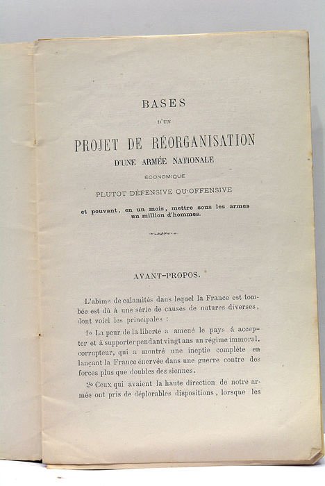 Bases d'un projet de réorganisation d'une Armée Nationale.