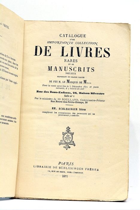 CATALOGUE d’une importante collection de livres rares et de manuscrits …