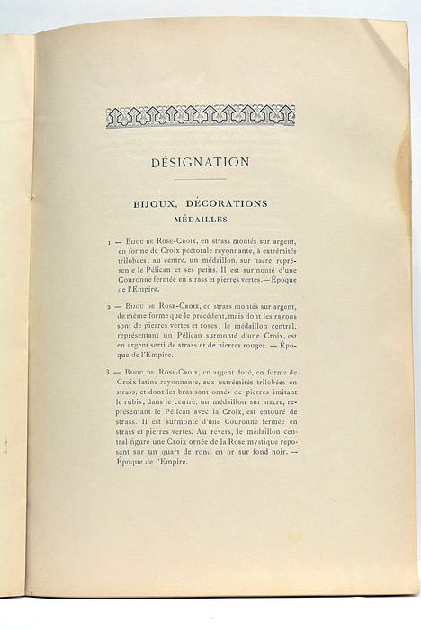 CATALOGUE DES BIJOUX, décorations, insignes, diplomes, gravures, objets divers, curiosités. …