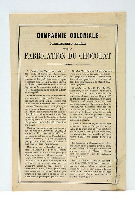 COMPAGNIE Coloniale. Etablissement Modèle pour la Fabrication de Chocolat.