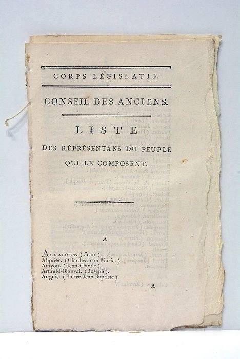 CONSEIL DES ANCIENS. Liste des réprésentants du peuple qui le …