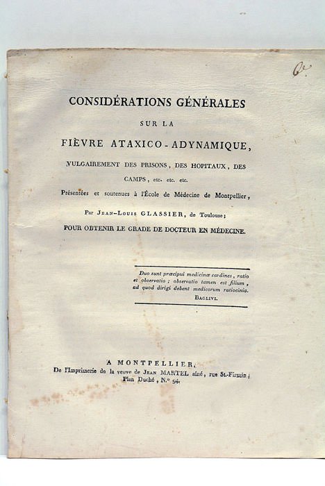 Considérations générales sur la fièvre ataxico-adynamique, vulgairement des prisons, des …