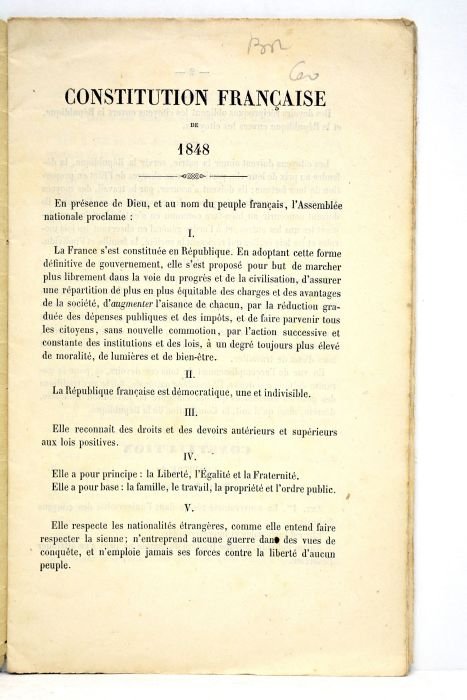 CONSTITUTION de 1848. Texte officiel. Liberté, egalité, fraternité. République française.