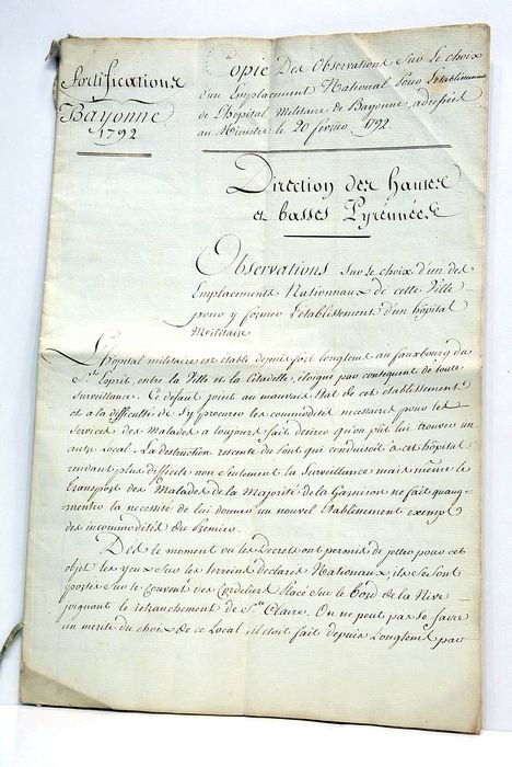 COPIE DES OBSERVATIONS sur le choix d'un emplacement sur l'Etablissement …