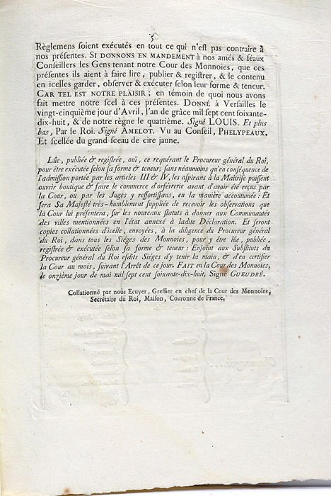 DECLARATION du Roi, Concernant les Communautés d'Orfèvres-Lapidaires-Joailliers et Horlogers, dans …