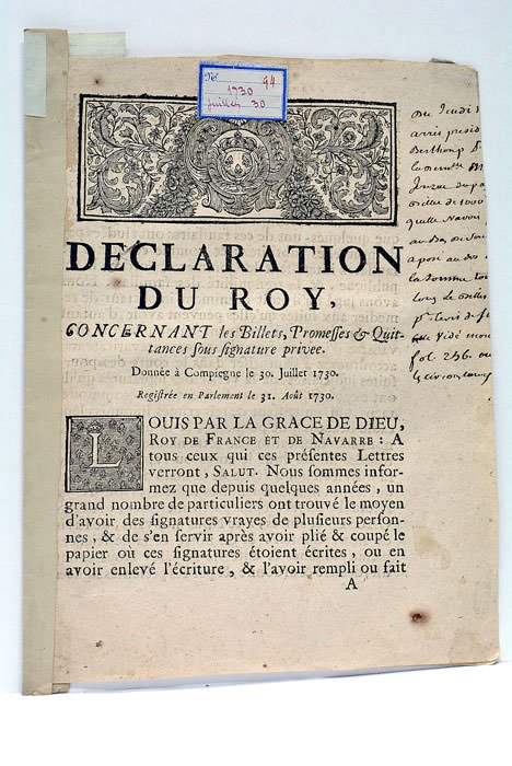 DECLARATION DU ROY, CONCERNANT LES BILLETS, PROMESSES ET QUITTANCES SOUS …
