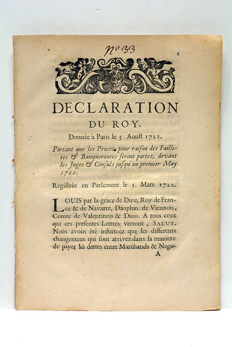 DECLARATION DU ROY. Donnée à Paris le 5 Aoust 1721. …