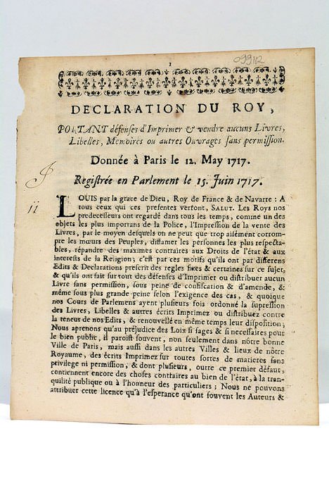 DECLARATION du Roy portant défenses d'Imprimer et Vendre aucuns Livres, …